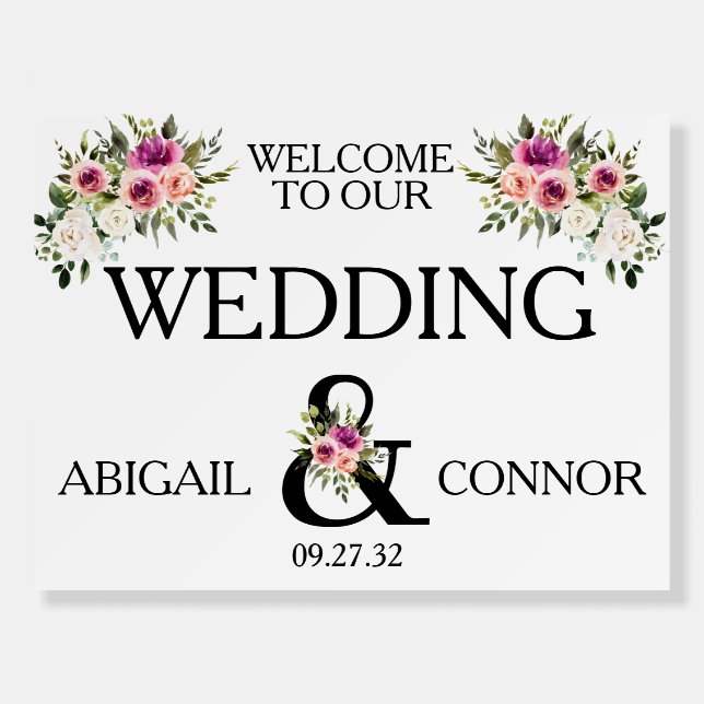 Modern Floral Ampersand Plum Pink Peach Welcome Foam Board (Front)