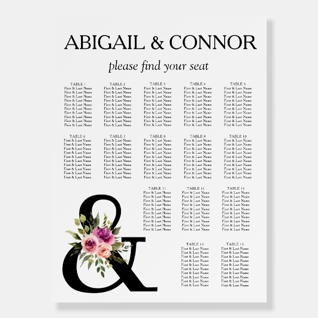 Modern Floral Ampersand Plum Pink Seating Chart Foam Board (Front)