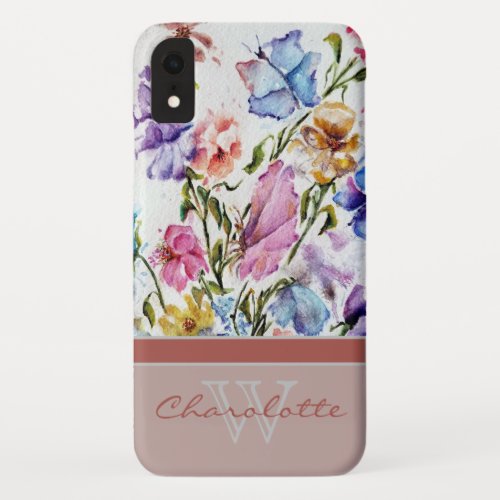 Modern Floral and Butterfly w Blush Monogram Name iPhone XR Case