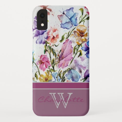 Modern Floral and Butterfly w Rose Monogram Name iPhone XR Case