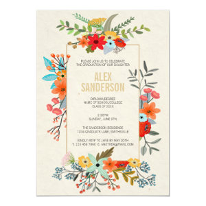 Modern Floral and Gold Border Graduation Party Card