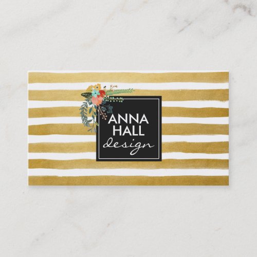 Modern Floral and Gold Foil Stripes Business Card