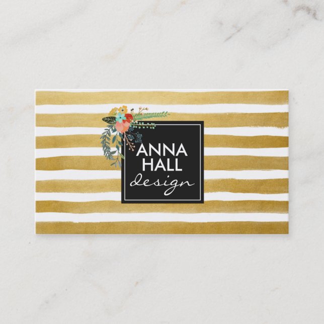 Modern Floral and Gold Foil Stripes Business Card (Front)