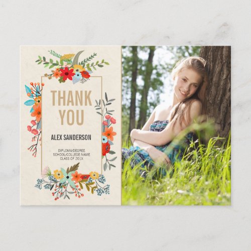 Modern Floral and Gold Graduation Thank You Photo Postcard