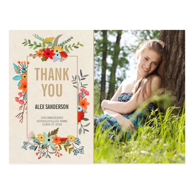 Modern Floral And Gold Graduation Thank You Photo Postcard