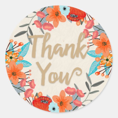 Modern Floral and Gold Thank You Classic Round Sticker