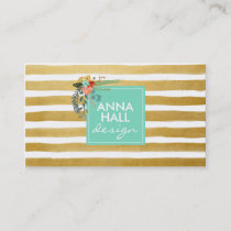 Modern Floral Aqua and Gold Foil Stripes Business Card