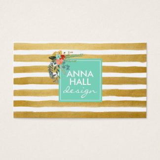 Modern Floral Aqua and Gold Foil Stripes Business Card