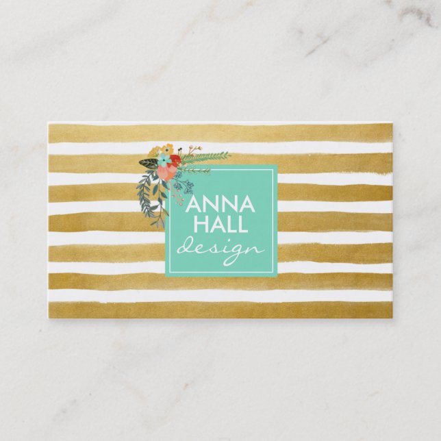 Modern Floral Aqua and Gold Foil Stripes Business Card (Front)