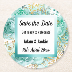 MODERN FLORAL AQUA WHITE SAVE THE DATE COASTER