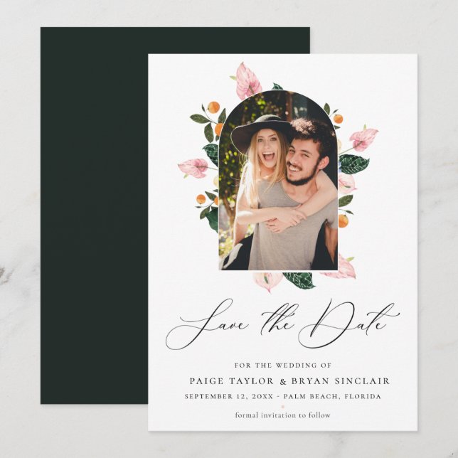 Modern Floral Arch Frame Save the Date Photo (Front/Back)