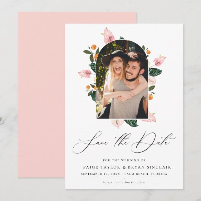 Modern Floral Arch Frame Save the Date Photo (Front/Back)