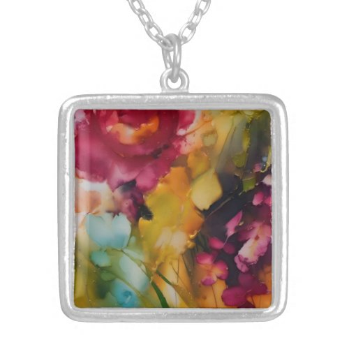 Modern floral art alcohol ink  silver plated necklace