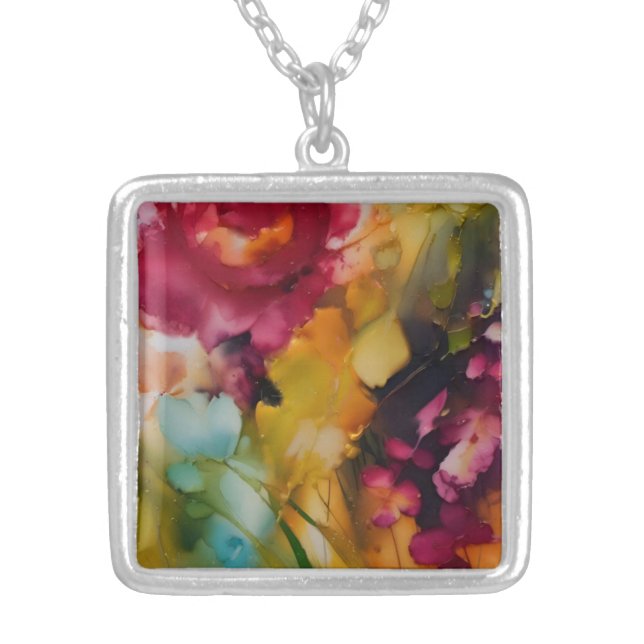 Modern floral art, alcohol ink  silver plated necklace (Front)