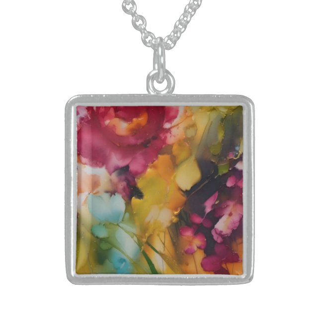 Modern floral art, alcohol ink  sterling silver necklace (Front)