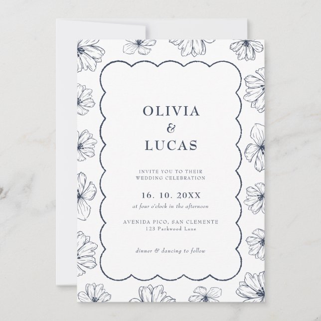 Modern Floral Art Wave Frame Blue Wedding Invitation (Front)