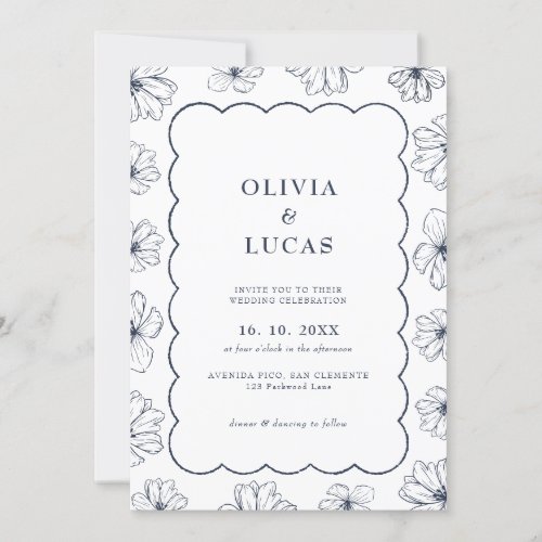 Modern Floral Art Wave Frame Blue Wedding Invitation