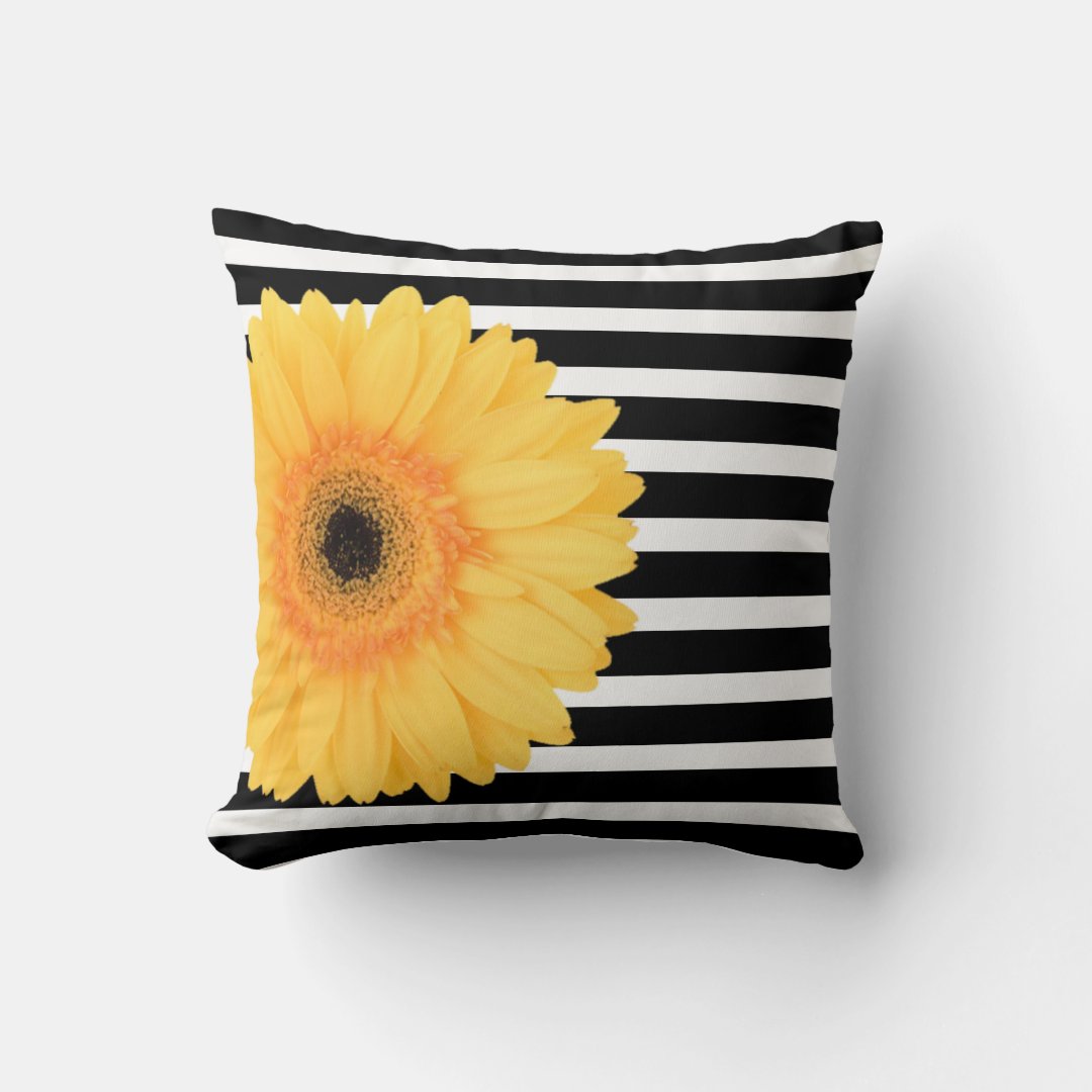 Modern Floral, B&W Stripes W Yellow Daisy Throw Pillow | Zazzle