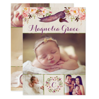 Modern Floral Baby Girl Birth Announcement Cards