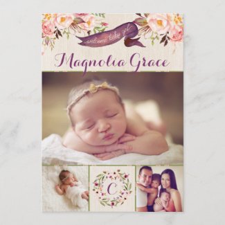 Modern Floral Baby Girl Birth Announcement Cards