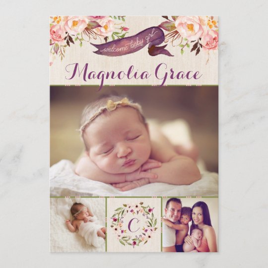 modern floral baby girl birth announcement cards zazzle com