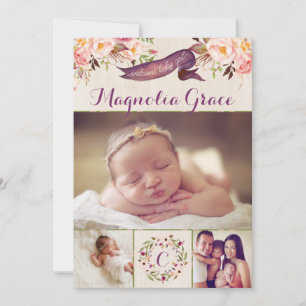 Modern Floral Baby Girl Birth Announcement Cards