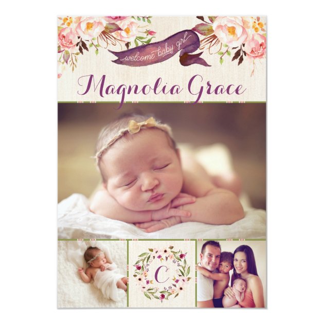 Modern Floral Baby Girl Birth Announcement Invitations