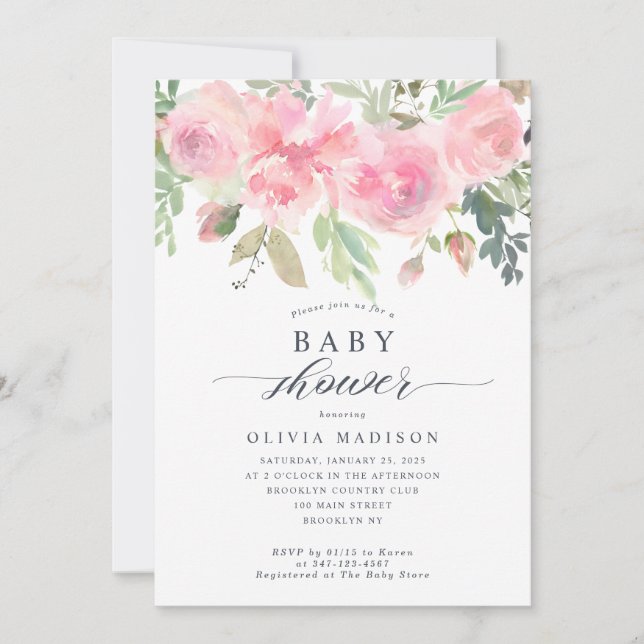Modern Floral Baby Shower Blush Pink Rose Peony Invitation (Front)