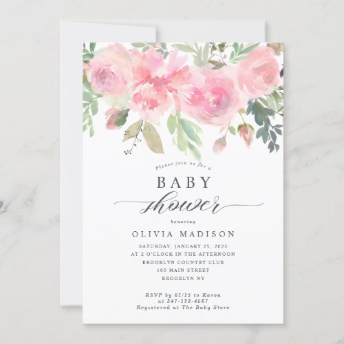 Modern Floral Baby Shower Blush Pink Rose Peony Invitation