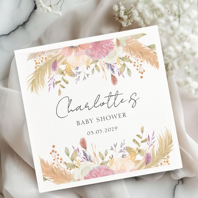 Modern Floral Baby Shower Napkins (Elegant, modern, floral, pastel tones, baby shower napkin with your name and date.)