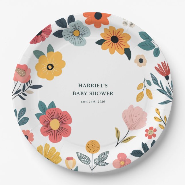 Modern Floral Baby Shower Paper Plates (Front)