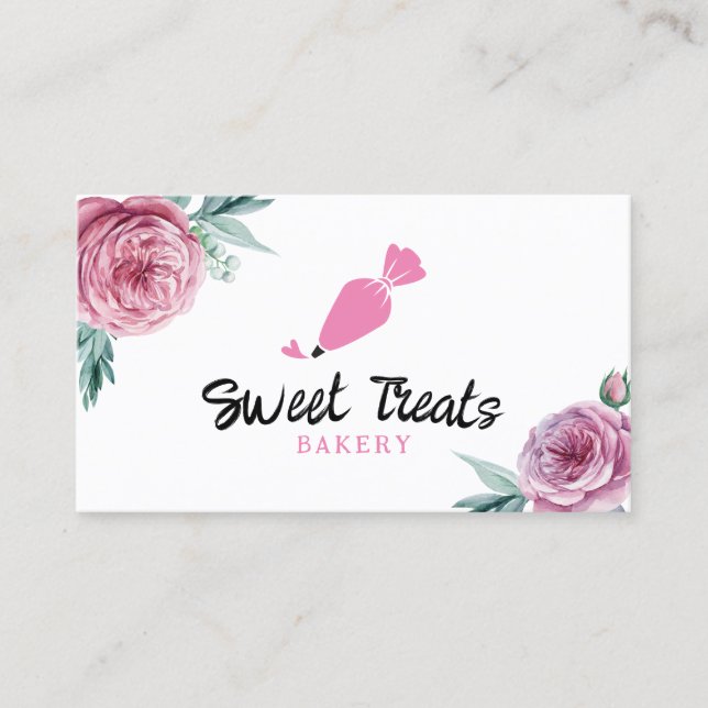 Modern Floral Bakery Cupcake Pastry Sweet Cake Business Card (Front)