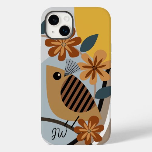 Modern floral bird and custom initials Case_Mate iPhone 14 plus case