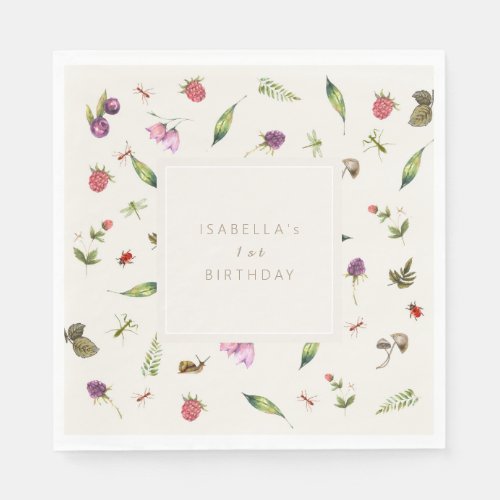 Modern Floral Birthday Greenery Berries Insects Napkins