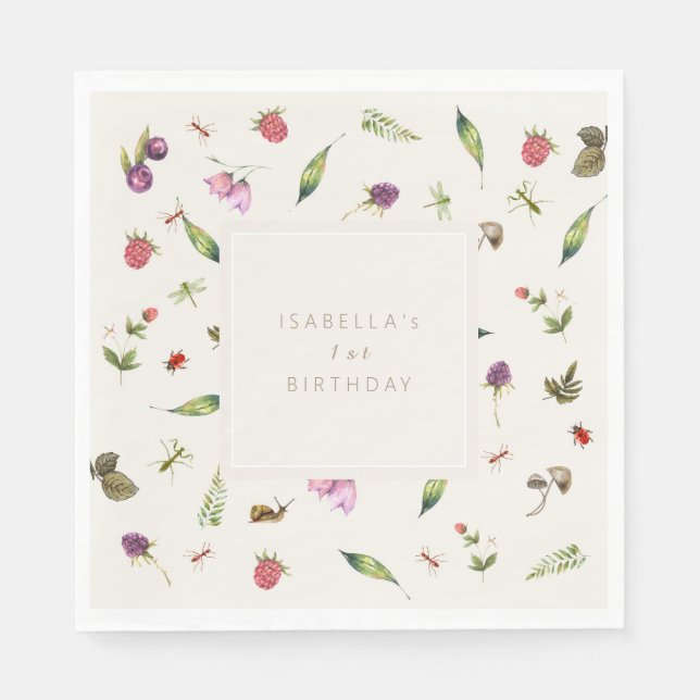 Modern Floral Birthday Greenery Berries Insects Napkins (Front)