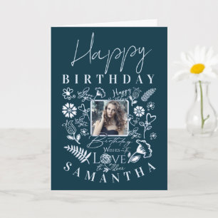 Modern Floral Birthday Typography Photo Doodle Card