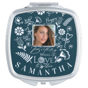 Modern Floral Birthday Typography Photo Doodle Compact Mirror