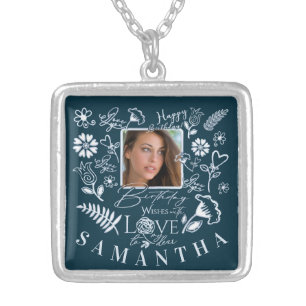 Modern Floral Birthday Typography Photo Doodle Silver Plated Necklace