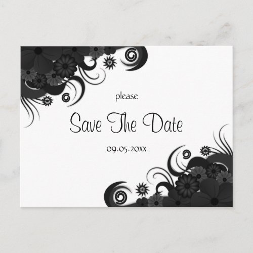 Modern Floral Black and White Goth Save The Date Announcement Postcard