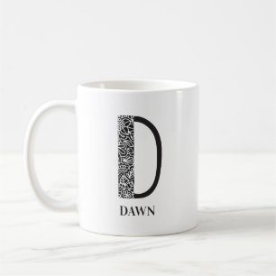 Modern Floral Black and White I Initial D and Name Coffee Mug