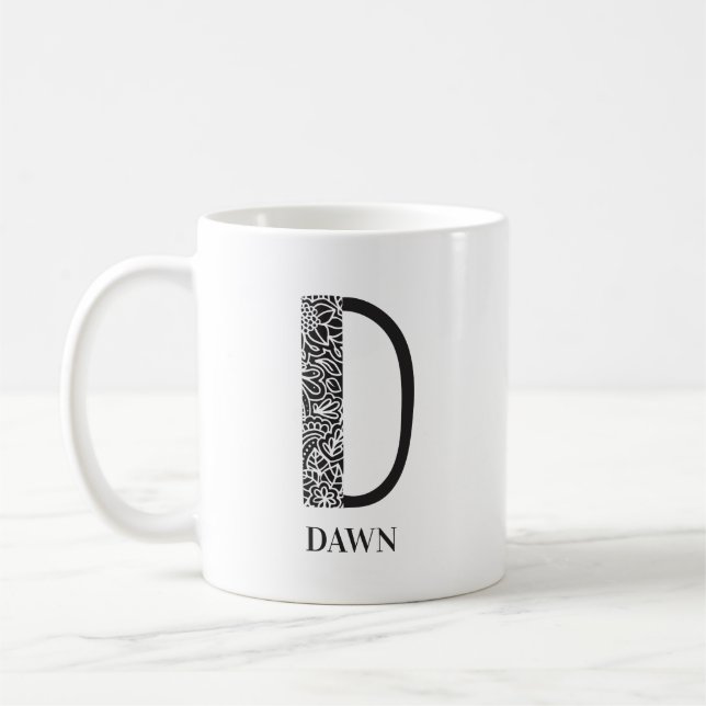 Modern Floral Black and White I Initial D and Name Coffee Mug (Left)