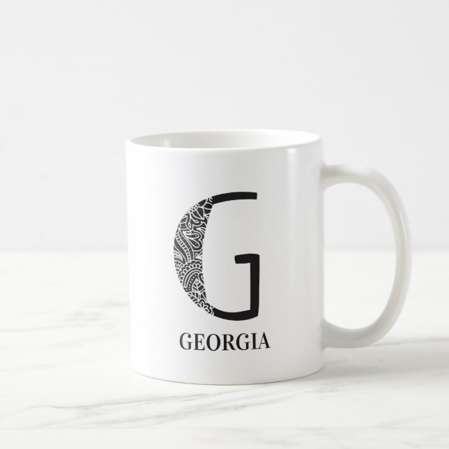 Modern Floral  Black and White Initial G and Name Coffee Mug (Right)