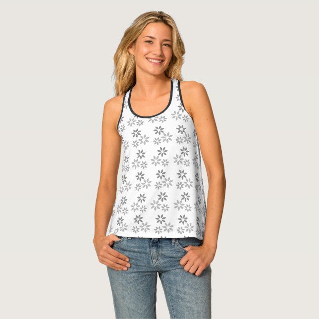 Modern Floral Black and White Ladies Fashion Tank Top (Front Full)