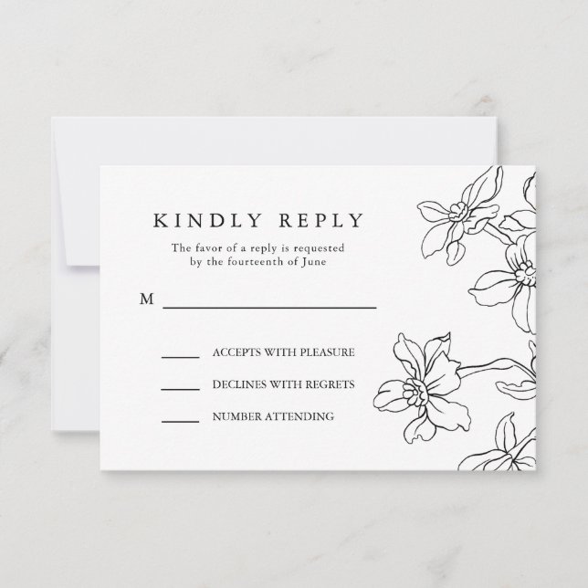 Modern Floral Black and White Response, Wedding RSVP Card (Front)