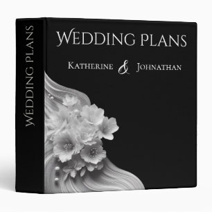 Modern Floral Black and White Wedding 3 Ring Binder