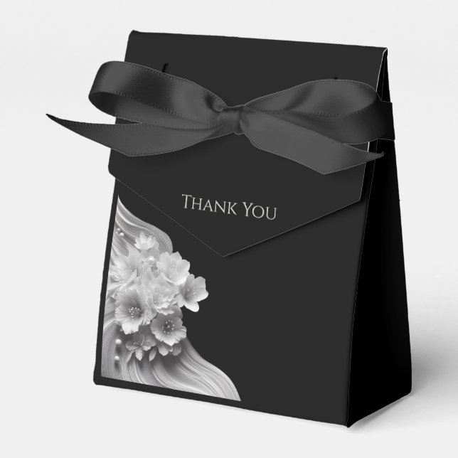Modern Floral Black and White Wedding Favor Boxes (Front Side)
