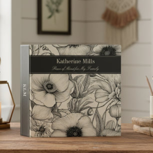Modern Floral Black & Cream End of Life Planner 3 Ring Binder