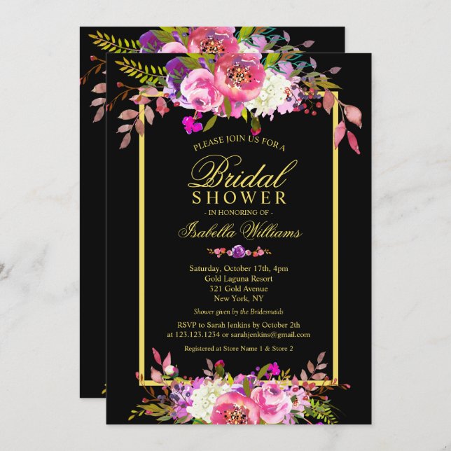 Modern Floral Black Gold Bridal Shower Invitation (Front/Back)