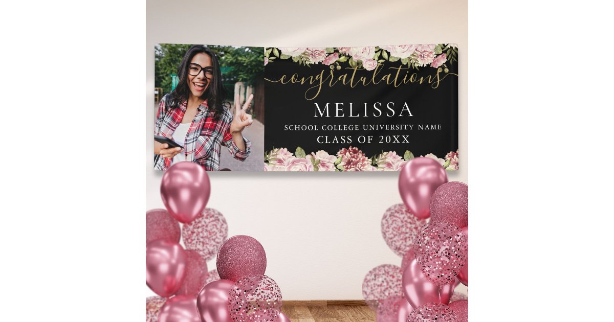 Modern Floral Black Gold Script Photo Graduation Banner | Zazzle