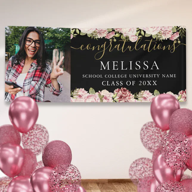 Modern Floral Black Gold Script Photo Graduation Banner | Zazzle